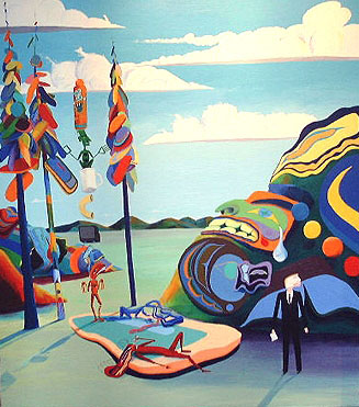 DIA Comes to Visit Indians on the Reservation,1999, 182 x 164 cm, acrylic on canvas, Buschlen Mowatt Gallery, Vancouver, BC, Private Collection.