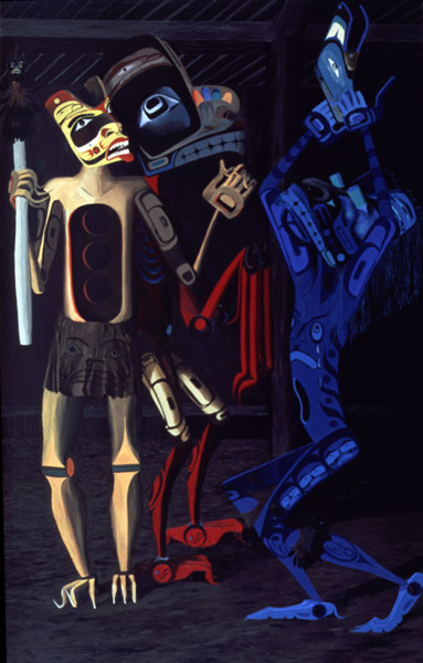 Night in a Salish Longhouse, 1991, 137.2 x 218 cm, acrylic on canvas, Private Collection.