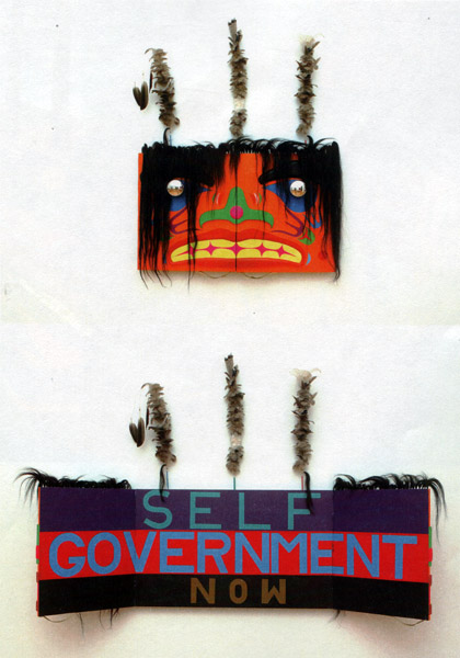 Transformation of Bill Wilson,1991, hair, mirror, feathers, and rawhide, acrylic on wood, 100 x 160 cm, Vancouver Art Gallery Acquisition Fund, Vancouver, BC.